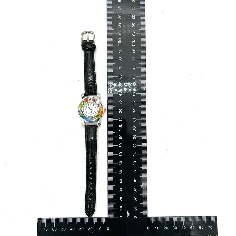 Y2K Venice Italian Novelty Floral Watch Silver Tone Metal Patent Black Womens